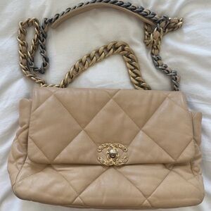 Chanel 19 Flap Bag Large Lambskin Quilted Leather Beige Gold Silver Strap CC